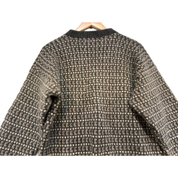 Vintage Traverse Bay Woolen Co. 100% Pure Wool Checkerboard Sweater Gray Tan - Picture 8 of 12
